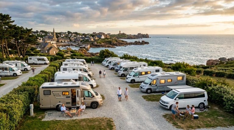 Camping-cars stationnés face à la mer bretonne pittoresque