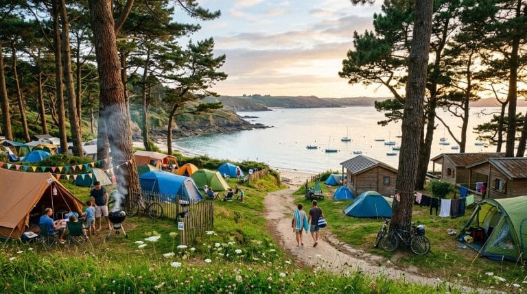 Campement avec tentes colorées face à la baie et voiliers