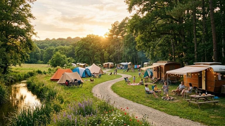 Camping bucolique avec yourtes, caravanes et familles au bord d'une rivière