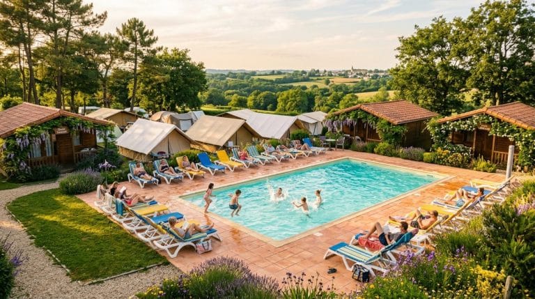 Resort de glamping avec piscine, tentes et chaises longues colorées