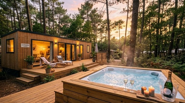Cabine moderne avec jacuzzi au coucher de soleil, forêt environnante