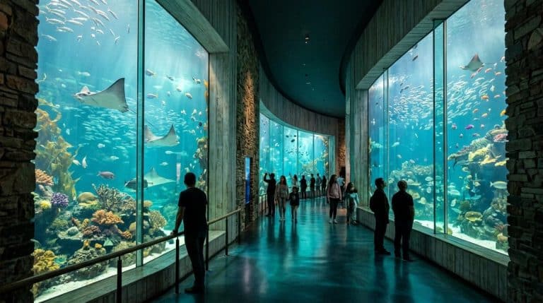 Visiteurs observant poissons et raies dans tunnel aquarium immergé